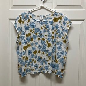Joie linen top, cap sleeves, floral print, white & blue, 1X